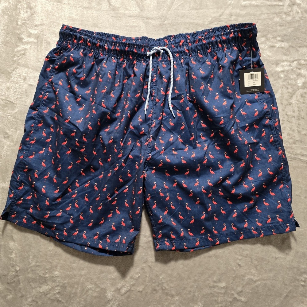 Tailorbyrd Mens XXL Navy Flamingo Print Swim Trunks Mesh Lined M12305B NWT
